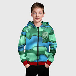 Толстовка на молнии детская Зелено-голубой камуфляж и герб РФ, цвет: 3D-красный — фото 2