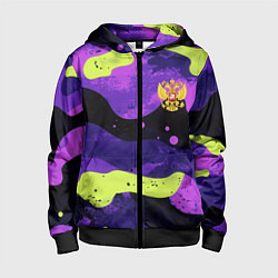 Толстовка на молнии детская Черно-фиолетовый камуфляж и золотой герб РФ, цвет: 3D-черный