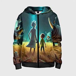 Толстовка на молнии детская Морти и Рик на планете носорогов - неоновое свечен, цвет: 3D-черный