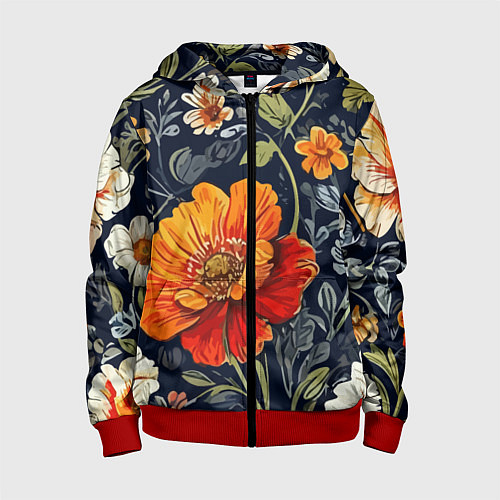 Детская толстовка на молнии Маки и пионы старинный паттерн / 3D-Красный – фото 1