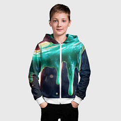 Толстовка на молнии детская Текстура стекающая зеленая клякса, цвет: 3D-белый — фото 2