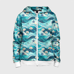 Толстовка на молнии детская Летний узор с ракушками и морскими звездами, цвет: 3D-белый