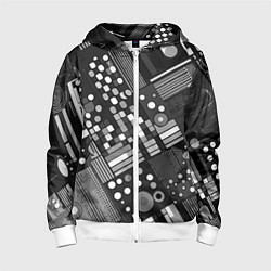 Толстовка на молнии детская Тёмный серый абстракция квадраты кружочки, цвет: 3D-белый