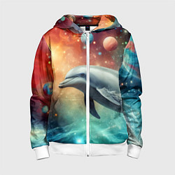 Толстовка на молнии детская Галактический дельфин - неоновый космос, цвет: 3D-белый