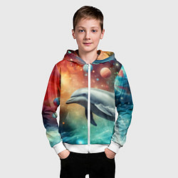 Толстовка на молнии детская Галактический дельфин - неоновый космос, цвет: 3D-белый — фото 2
