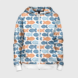 Толстовка на молнии детская Разноцветные рыбы на белом, цвет: 3D-белый