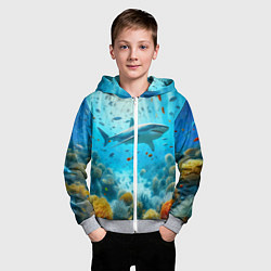 Толстовка на молнии детская Белая акула в коралловом рифе, цвет: 3D-меланж — фото 2