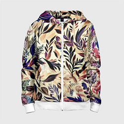 Толстовка на молнии детская Цветочный светло-коричневый с листьями, цвет: 3D-белый