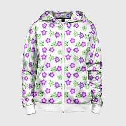 Толстовка на молнии детская Зеленые фиолетовые цветы на белом фоне, цвет: 3D-белый
