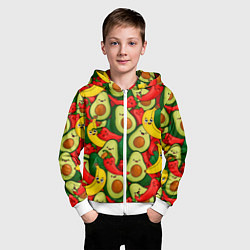 Толстовка на молнии детская Авокадо, бананы, перцы чили улыбаются - паттерн фр, цвет: 3D-белый — фото 2