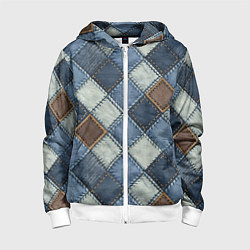 Толстовка на молнии детская Джинсовый пэчворк ромбовый узор, цвет: 3D-белый
