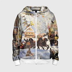Толстовка на молнии детская Русская тройка зимой - картина Масленица Кустодиев, цвет: 3D-белый