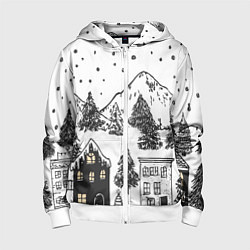 Толстовка на молнии детская Заснеженный черно-белый город, цвет: 3D-белый