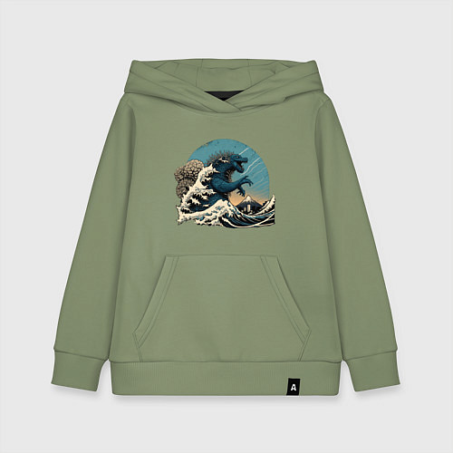 Детская толстовка-худи Годзилла в Большой волне у Канагавы / Авокадо – фото 1