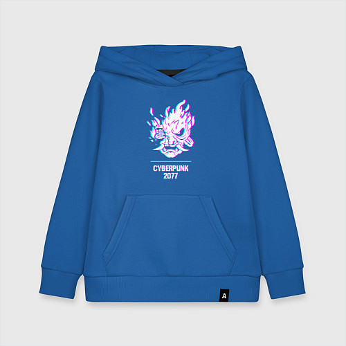 Детская толстовка-худи Cyberpunk 2077 в стиле glitch и баги графики / Синий – фото 1