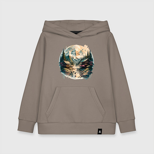 Детская толстовка-худи Японские дома на фоне гор в стиле моротай / Утренний латте – фото 1