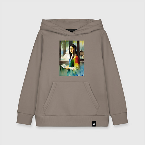 Детская толстовка-худи Мона Лиза в библиотеке - нейросеть - акварель / Утренний латте – фото 1