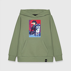 Толстовка детская хлопковая Девочка со своим другом волком - аниме, цвет: авокадо