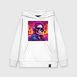Толстовка детская хлопковая Скелет с неоновыми волосами в очках и наушниках, цвет: белый