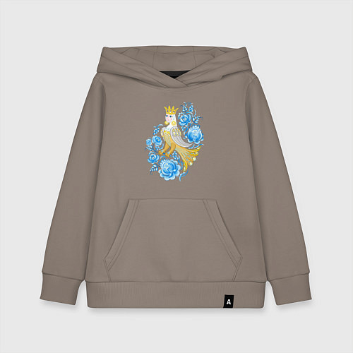 Детская толстовка-худи Птица Сирин в цветах по мотивам гжельской росписи / Утренний латте – фото 1