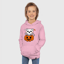 Толстовка детская хлопковая Веселый кот-скелет в тыкве - Хэллоуин, цвет: светло-розовый — фото 2