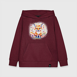 Толстовка детская хлопковая Милый большеухий лисенок сидит в цветах, цвет: меланж-бордовый