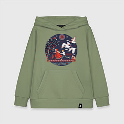 Толстовка детская хлопковая Сказка Гуси - лебеди в стиле мезенской росписи, цвет: авокадо