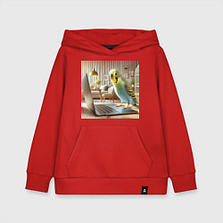 Толстовка детская хлопковая Волнистый попугай с ноутбуком, цвет: красный