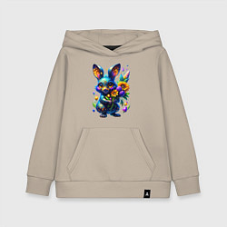 Толстовка детская хлопковая Милый синий зайка с неоновым цветком, цвет: миндальный