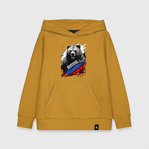 Детская толстовка-худи Русский медведь на фоне флага России / Горчичный – фото 1