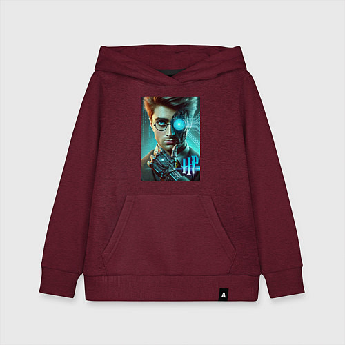 Детская толстовка-худи Cyber Harry Potter - ai art neon fantasy / Меланж-бордовый – фото 1