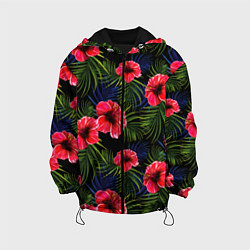 Куртка с капюшоном детская Тропические цветы и листья, цвет: 3D-черный