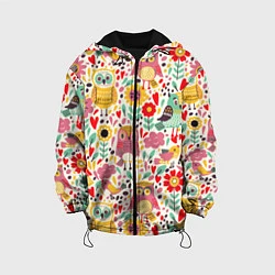 Куртка с капюшоном детская Красочные совы и цветы, цвет: 3D-черный
