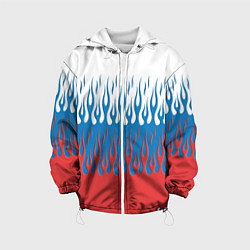 Куртка с капюшоном детская Флаг России пламя, цвет: 3D-белый