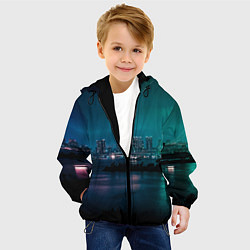 Куртка с капюшоном детская Неоновый город с рекой - Светло-зелёный, цвет: 3D-черный — фото 2