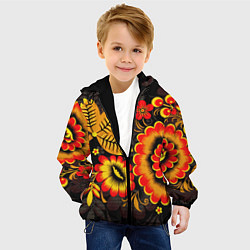 Куртка с капюшоном детская Хохломская Роспись Цветы На Тёмном Фоне, цвет: 3D-черный — фото 2