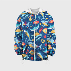 Куртка с капюшоном детская Акула, скат и другие обитатели океана - лето, цвет: 3D-белый