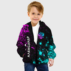 Куртка с капюшоном детская Александр и неоновый герб России: символ и надпись, цвет: 3D-черный — фото 2