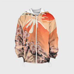 Куртка с капюшоном детская Ветка цветущей сакуры и вулкан, цвет: 3D-белый