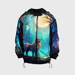 Куртка с капюшоном детская Волк в ночном лесу в folk art стиле, цвет: 3D-черный