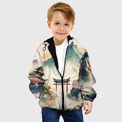 Куртка с капюшоном детская Японский пейзаж - акварель, цвет: 3D-черный — фото 2