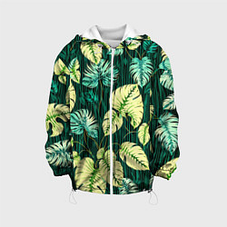 Куртка с капюшоном детская Листья узор тропический, цвет: 3D-белый