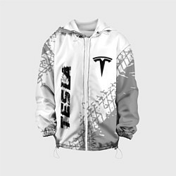 Куртка с капюшоном детская Tesla speed на светлом фоне со следами шин: надпис, цвет: 3D-белый