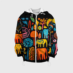 Куртка с капюшоном детская Африканский узор со слонами - нейросеть, цвет: 3D-белый
