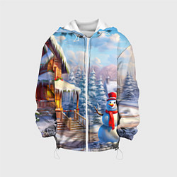 Куртка с капюшоном детская Новогодняя деревня и снеговик, цвет: 3D-белый