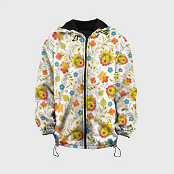 Куртка с капюшоном детская Хохломская роспись разноцветные цветы на белом фон, цвет: 3D-черный