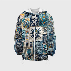 Куртка с капюшоном детская Пэчворк деним с пиратами, цвет: 3D-белый