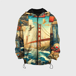 Куртка с капюшоном детская Мост через реку и пэчворк - нейросеть арт USA brid, цвет: 3D-черный