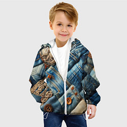 Куртка с капюшоном детская Джинсовый пэчворк с пуговицами - мода, цвет: 3D-белый — фото 2