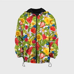 Куртка с капюшоном детская Фрукты на цветочном фоне, цвет: 3D-черный